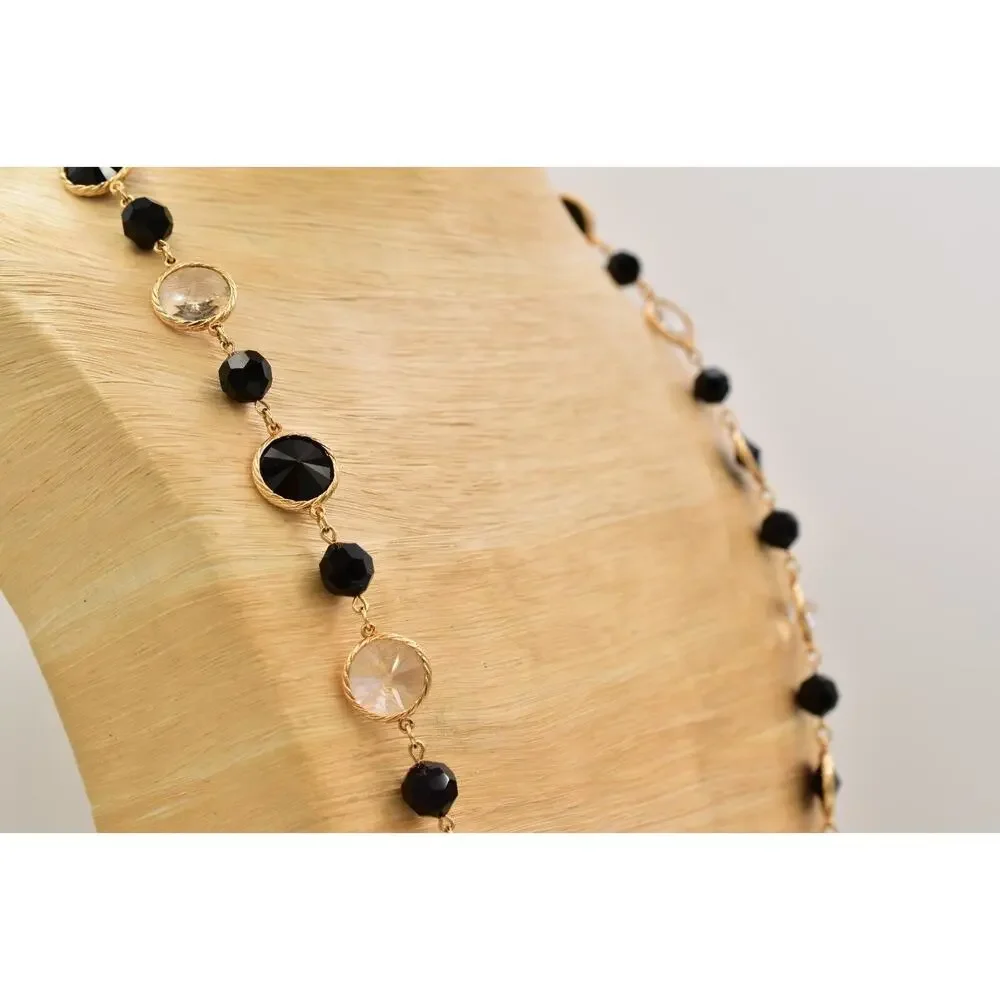 Vintage Open Bezel Crystal Necklace Beaded Black Clear Glass Heavy Chunky BinBJ
